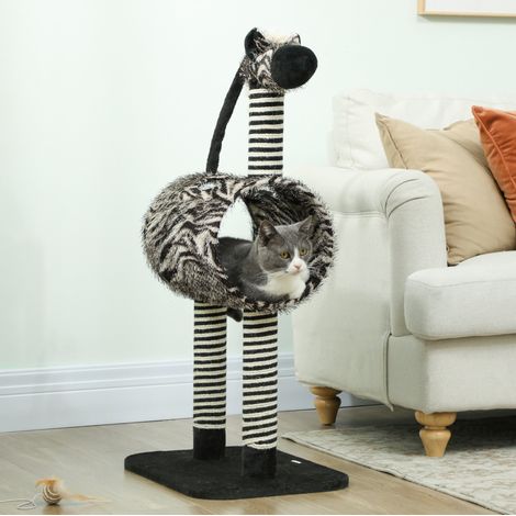 Rascador para gatos con túnel, diseño cebra, 48,5 x 35 x 93 cm, negro y blanco HAVRYA (1/5)