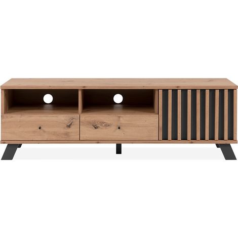 CALICOSY - Meuble TV 1 porte, 2 tiroirs et 2 niches décor chêne artisan L138 cm - LUBLIN (1/5)