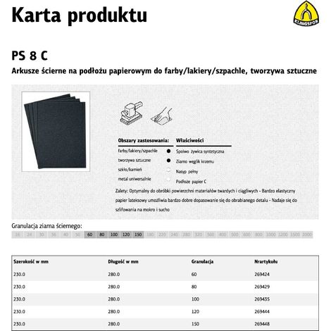 Klingspor arkusze ścierne na podłożu papierowym 230mm x 280mm ps8c na mokro gr. 100 /50szt.