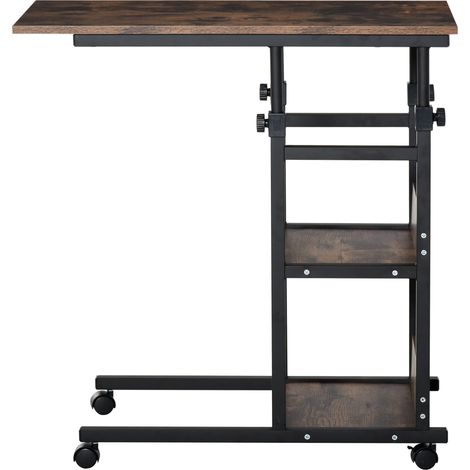 Table d'appoint bout de canapé roulante, table de lit pour ordinateur portable, hauteur réglable - 2 étagères intégrées - cadre métal marron (1/5)