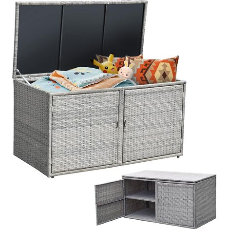 COSTWAY Coffre de Rangement Jardin 335L en Rotin PE, Charge Max. 120 kg, Cadre en Acier avec 2 Etagères 115 x 60 x 65 CM Gris (1/5)