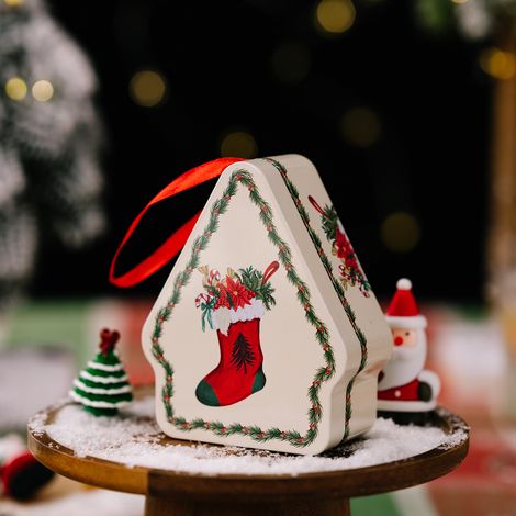 New Christmas decorations, polygonal cartoon print tin box, Christmas season children's tote gift box