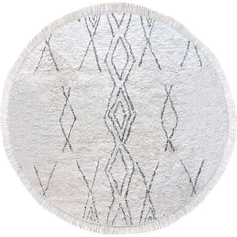 Tapis Rond Style Berbère 100% Coton Ivoire et Charbon, Diamètre 160 cm, Motifs Ethniques - PANGIVO