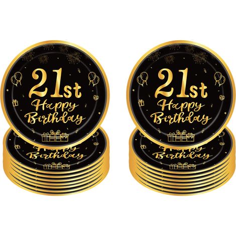 16 PCS Assiette Jetable 9 Pouces,Assiette Anniversaire Noir Gold,Decoration Anniversaire 21 Ans,Assiette Dessert Jetable pour Fêtes Joyeux Anniversaire Decoration,Kit Vaisselle Jetable Anniversaire (1/5)