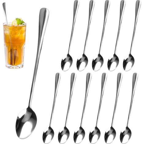 12 cucharas largas para latte de 19,5 cm, de acero inoxidable, para batidos, helados, café y copas de helado. (1/4)