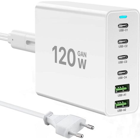 Chargeur USB C 120W GaN, Station de Charge Multiprise 6 Ports (4 USB-C + 2 USB-A), Chargeur PD Rapide pour iPhone, Samsung, Google, Tablette, Smartphone et Autres Appareils USB - Blanc (1/5)