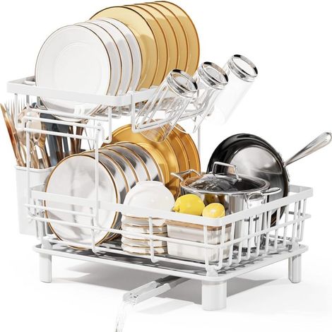 Égouttoir automatique double couche avec espace de rangement pour la vaisselle, blanc.