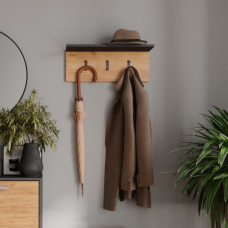 Perchero de pared Orlando, Antracita/roble dorado, 60 x 21.6 cm, Vicco