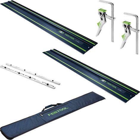 Festool 2x FS 1400/2 BL Rail de guidage 1400 mm Bleu ( 2x 578246 ) 100Y Edition Anniversaire + FSV/2 Raccord + 2x FS-HZ 160 Serre-joint à levier + FS-BAG Sacoche