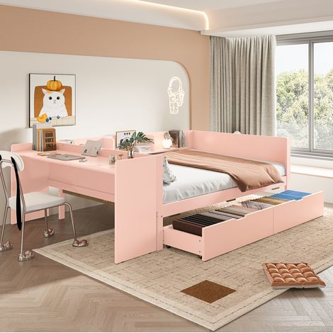 DESVIAE Lit double 140x200 cm avec bureau étagères et 2 tiroirs de rangement en pin rose (1/5)