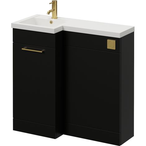 Napoli 390 Matt Black 900mm Single Door Vanity Unit Toilet Suite with Left Hand Square Lucia Basin - 900mm - Brushed Brass 160mm HandleWithout Kingston Toilet Pan