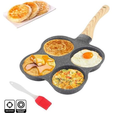 Poele a Crepe Induction, 4 Trous Petite Poele a Pancakes Poele Oeuf Antiadhésive Poêles à Crêpes et Blinis avec Brosse à Huile A85 (1/4)