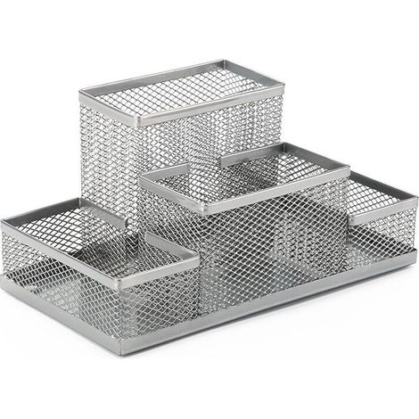 Argent Organiseur de bureau Porte-crayons de bureau Pot à crayons Organisateur de table en métal Plateau de bureau avec porte-no (1/3)