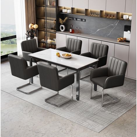 Lot de 6 chaises de salle à manger en PU, dossier ergonomique, pieds métalliques en Z, usage quotidien, noir (1/5)