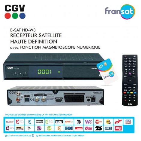 Récepteur Décodeur Enregistreur Satellite HD CGV E-SAT HD-W3 + Carte FRANSAT - Time Shift, Lecteur Multimédia, Timer, Instant Replay