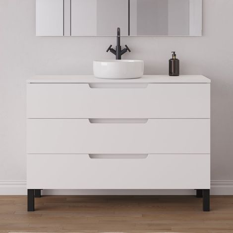 Meuble de salle de bain 120cm avec plateau et vasque à poser ronde - 3 tiroirs - sans miroir - blanc mat - RIZA (1/5)