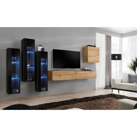 Meuble TV Mural Design "Switch XIII" 330cm Naturel & Noir (1/3)