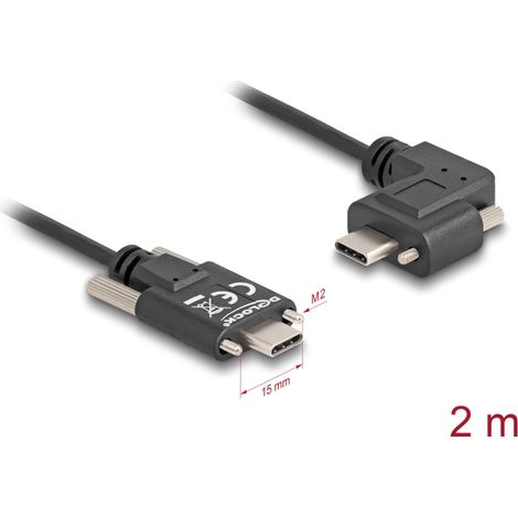 Delock Cable USB 2.0 USB Type-Câ¢ macho con tornillos a USB Type-Câ¢ macho con tornillos acodado a la izquierda / la derecha PD 3.0 60 W 2 m