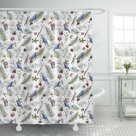 150 x 180 cm Duschvorhang mit Blumen- und Vogelmotiv, Aquarell-Blumenmuster in Pastellfarben, wasserdichtes Polyestergewebe für Badezimmer, inklusive 12 Haken