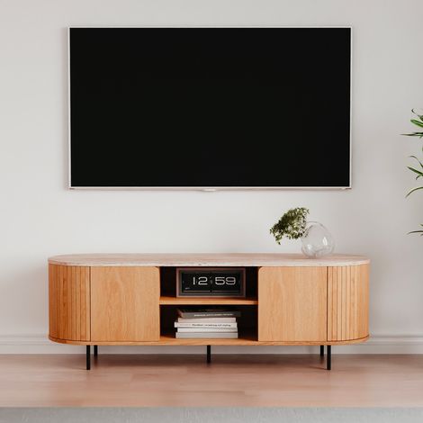 Mobile porta tv Fabia56A colore rovere oak con top effetto travertino e laterali listellati 140 cm (1/4)