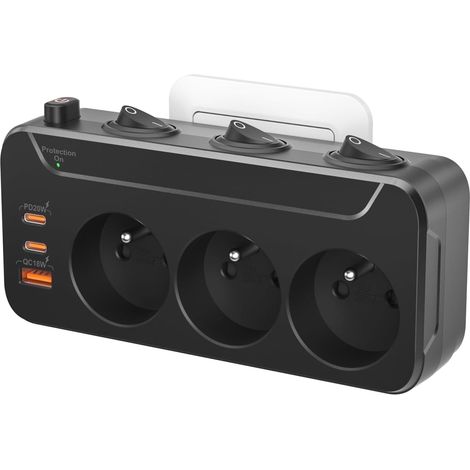 1 Bloc Multiprise 3 Prises,Fiche Rotative 90°,Interrupteur Individuel,USB C PD20W,Bureau Salon