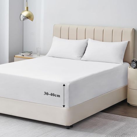 Drap Housse 160x200 Grand Bonnet 40 cm - Drap Housse 2 Personnes 160 x 200 Grand Bonnet 40 cm Matelas en Microfibre avec Élastique Tout Autour, Blanc (1/5)