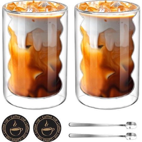 Lot de 2 Tasses Double Paroi, Tasse a Cafe en Verre, 350ml, Verre Strié (1/5)