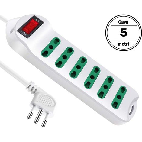Multipresa Ciabatta Elettrica Cavo 5M Con 6 Posti Prese Bipasso 10/16A 2P+T Interruttore Spina 10A Laterale
