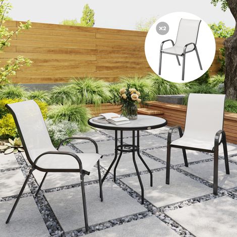 Set aus 2 stapelbaren Gartenstühlen mit geschwungenen Armlehnen, aus Stahl und atmungsaktivem Stoff, 54 x 71 x 93 cm, Hellgrau