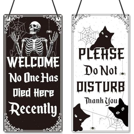 Panneau d'Halloween « Do Not Disturb » – Shejdgart Squelette Do Not Disturb – Crochet de porte en forme de tête de mort pour porte d'entrée, plaque de bienvenue avec chat noir, plaque à suspendre pour (1/5)