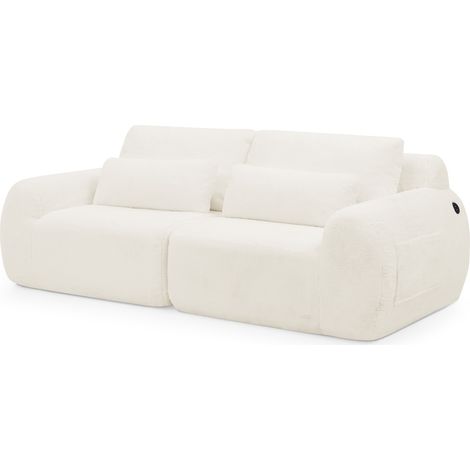 Canapé 2 places en tissu imitation fourrure de lapin beige avec port USB et poche latérale (1/5)