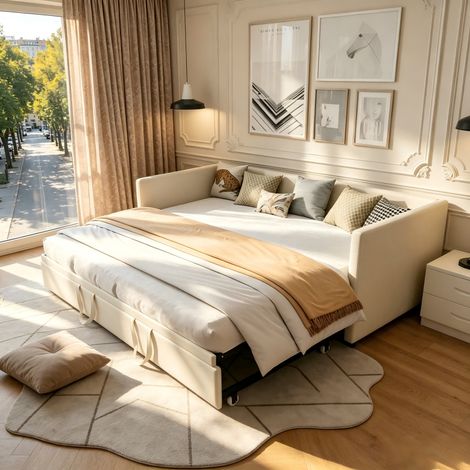 Canapé-lit 2 en 1 convertible-Lit avec dossier-cadre de lit-lit double 90x200 avec sommier-lit 2 Personnes-tête de lit rembourré-pour salon et chambre à coucher-beige-MDF-sans matelas-velours