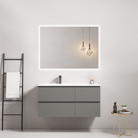 Mobile bagno sospeso cannettato 100 cm Grigio Londra Lavabo a Sinistra in Ceramica Specchio Quadro Retroilluminato - Fiji Paint