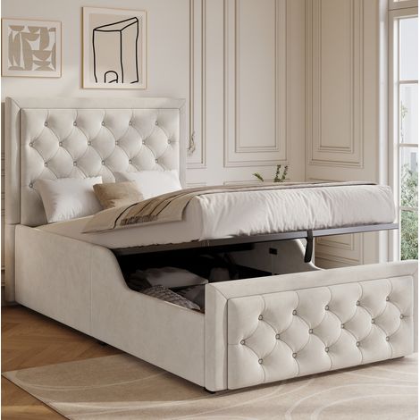 Lit enfant simple capitonné en velours beige 90x200 cm avec tête de lit, sommier à lattes et coffre de rangement hydraulique (1/5)