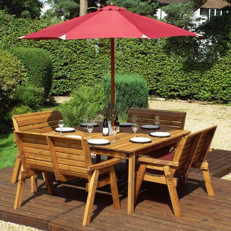 Charles Taylor 8 Seater Wooden Square Table & 4 x Garden Benches Parasol Green (1/5)