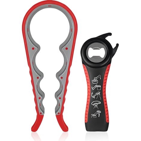 Set di 2 apribottiglie, apriscatole con coperchi, apri coperchi 5 in 1 per barattoli con tappo a vite, apri barattoli 4 in 1, apri coperchi a vite, apri coperchi a vite, utile per mani deboli e artrit (1/5)