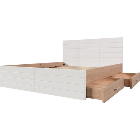 Cama doble 140 x 200 cm con 2 cajones, estructura y somier de láminas, blanco y roble (1/5)