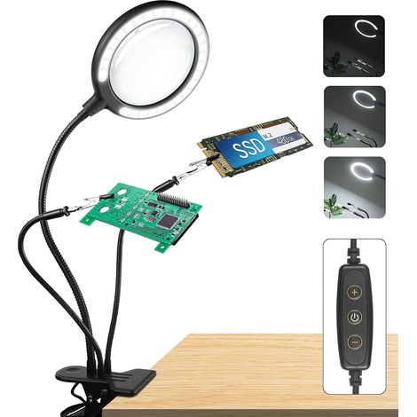 Lampe Loupe sur Pied TroisièMe Main 3X éclairé lumière loupe à Pince 3 Bras Flexibles Secourable, Gradable LED,6 Luminosité de du Jour pour Le RéParation PCB DIY,L'Artisanat,Bijoux… (1/5)