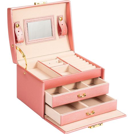 Coffret à bijoux à 3 niveaux, en velours avec couvercle en verre, plusieurs compartiments pour colliers, bracelets et bagues, avec serrure et clé, noir JBC158B01 (1/5)