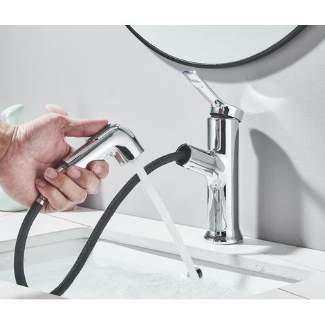 Suguword – Mitigeur de lavabo avec douchette extractible – 2 modes de pulvérisation – Cartouche céramique haute température – Acier inoxydable chromé (1/5)