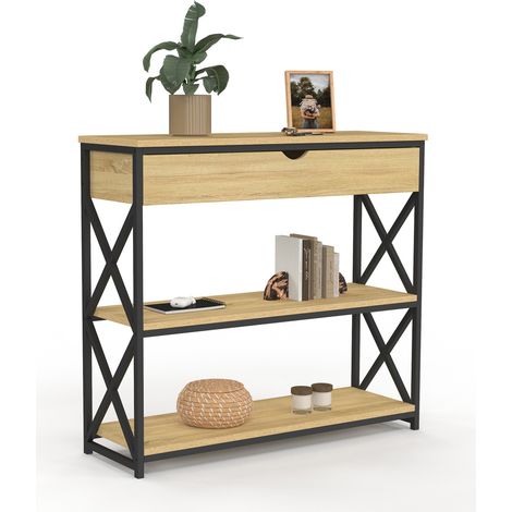Idmarket – Console 1 tiroir avec 2 étagères – Structure en bois et métal – Longueur 90 cm x largeur 30 cm x hauteur 80 cm – Style industriel (1/5)