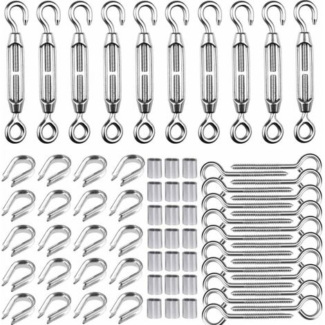 Kit tenditore M5 per fune metallica da 1/16", kit tenditore in acciaio inossidabile 304, gancio e occhiello per tenditore M5, capicorda M2, ganci a vite M5, manicotti per cavi M2 (1/5)