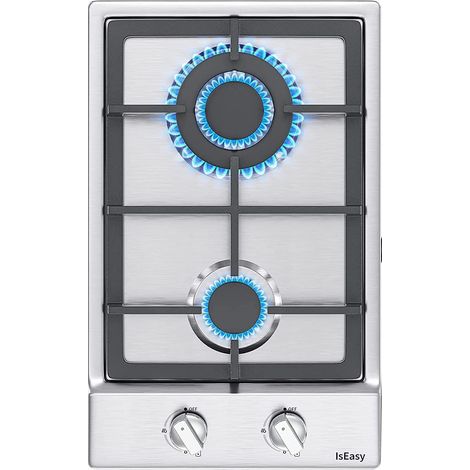 IsEasy Gaskochfeld 2 Brenner mit Gusseisen-Topfhalter, 2 Zonen Edelstahl-Gaskochfeld, autark eingebaut, Erdgas/Propangas, 3300 W/1000 W, 220–240 V