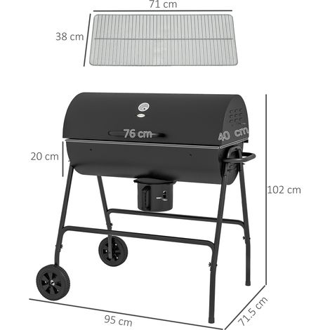Grill à charbon mobile 95x71,5x102cm métal avec couvercle,thermomètre,roues et poignée réglable,parfait pour BBQ camping et patio.
