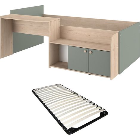 Letto combinato 90 x 190/200 cm Naturale e Verde + Rete - MIVONA