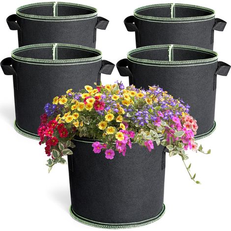 Sac de Plantation, Lot de 5 Sac de Culture 11 L (3 Gallon), Sacs à Plantes Non-Tissé avec Poignées pour Légumes, Fleurs, Fruits, Serre et Jardin (1/5)