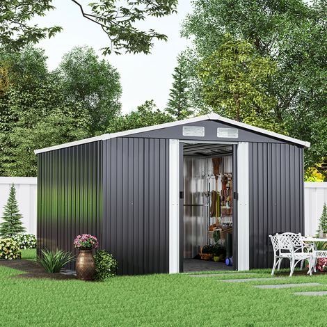 8ft x 8ft Grey Metal Garden Shed Garden Storage with Base Foundation (1/4)
