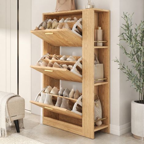 Meuble à chaussures moderne en MDF naturel, 3 portes, étagères ouvertes, 70 x 23,5 x 115 cm (1/5)