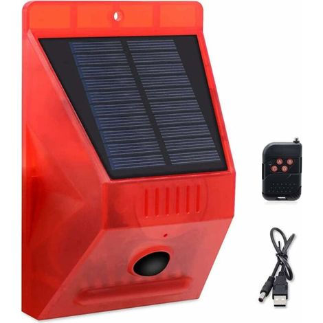 ChunHee Alarme Solaire Flash Lumineux avec Télécommande Détecteur de Mouvement Alarme Extérieure Lumineux 129db Son Sirène de Sécurité Lumineux IP65 étanche Protégé (1/5)