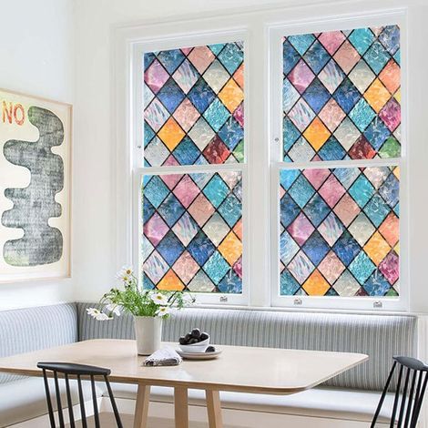 Film de Fenêtre d'intimité Arc-en-ciel,Vitrail,Film de Fenêtre Givré Sans Colle,Adsorption électrostatique,Sans Adhésif,en Forme de Diamant,Verre d'intérieur,Chambre à Coucher,Cuisine,44.5x200cm. (1/5)